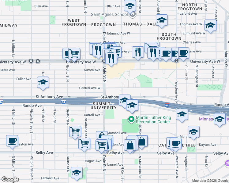 map of restaurants, bars, coffee shops, grocery stores, and more near 586 Central Avenue West in Saint Paul