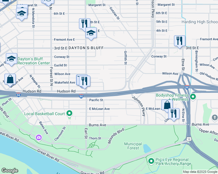 map of restaurants, bars, coffee shops, grocery stores, and more near 1145 Hudson Road in Saint Paul