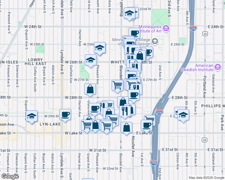 map of restaurants, bars, coffee shops, grocery stores, and more near 116 West 28th Street in Minneapolis