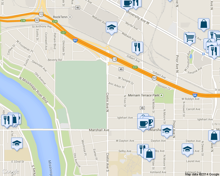 map of restaurants, bars, coffee shops, grocery stores, and more near 352 Cretin Avenue North in Saint Paul