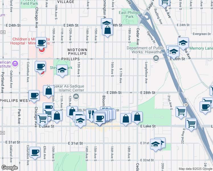 map of restaurants, bars, coffee shops, grocery stores, and more near in Minneapolis