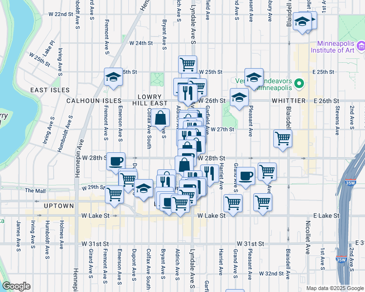 map of restaurants, bars, coffee shops, grocery stores, and more near 2756 Aldrich Avenue South in Minneapolis