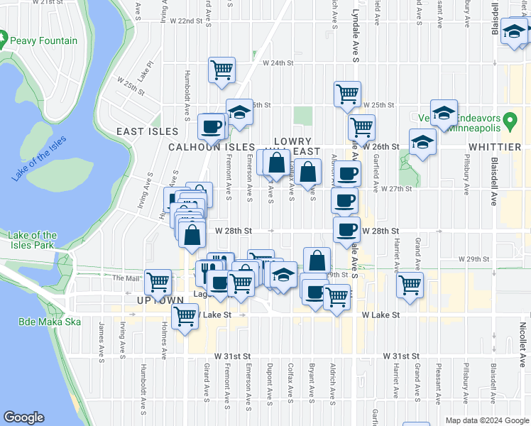 map of restaurants, bars, coffee shops, grocery stores, and more near 2755 Emerson Avenue South in Minneapolis