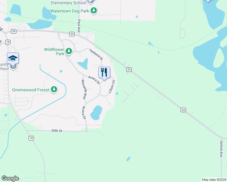 map of restaurants, bars, coffee shops, grocery stores, and more near 326 Lilium Circle in Watertown