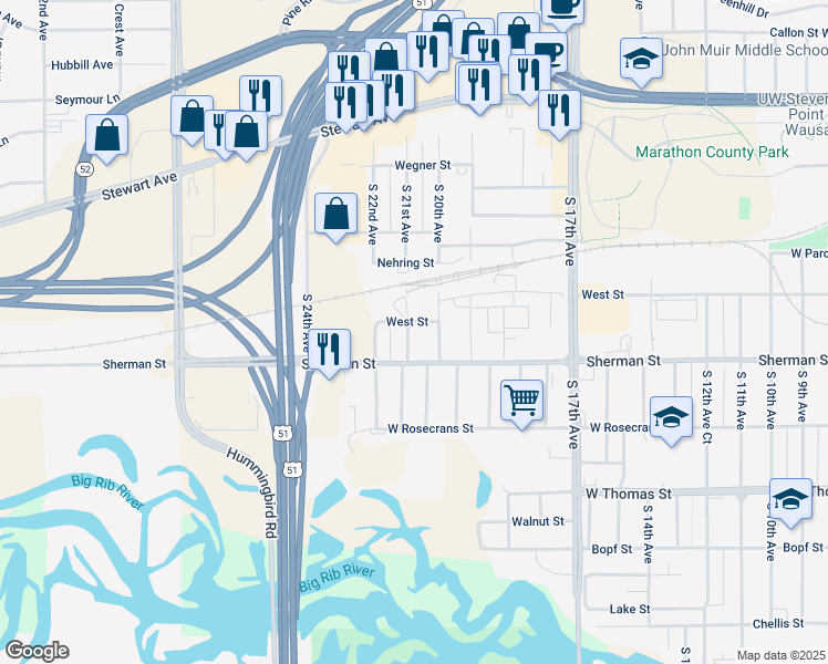 map of restaurants, bars, coffee shops, grocery stores, and more near 803 South 21st Avenue in Wausau
