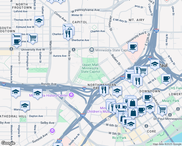 map of restaurants, bars, coffee shops, grocery stores, and more near in Saint Paul