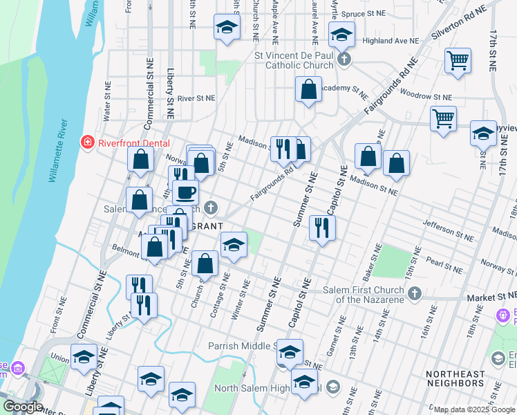 map of restaurants, bars, coffee shops, grocery stores, and more near 1435 Winter Street Northeast in Salem