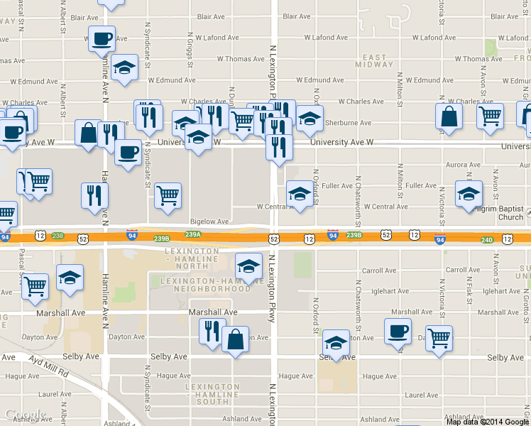 map of restaurants, bars, coffee shops, grocery stores, and more near 385 Lexington Parkway North in Saint Paul