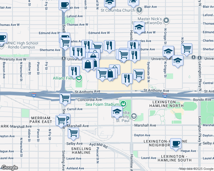 map of restaurants, bars, coffee shops, grocery stores, and more near 1440 University Avenue West in Saint Paul