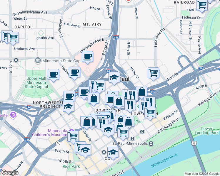 map of restaurants, bars, coffee shops, grocery stores, and more near 510 N Sibley St in St Paul