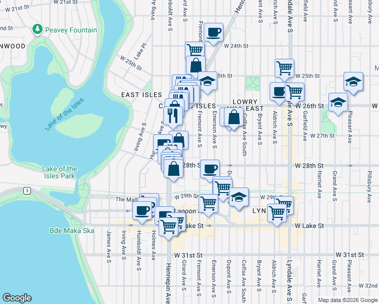 map of restaurants, bars, coffee shops, grocery stores, and more near in Minneapolis