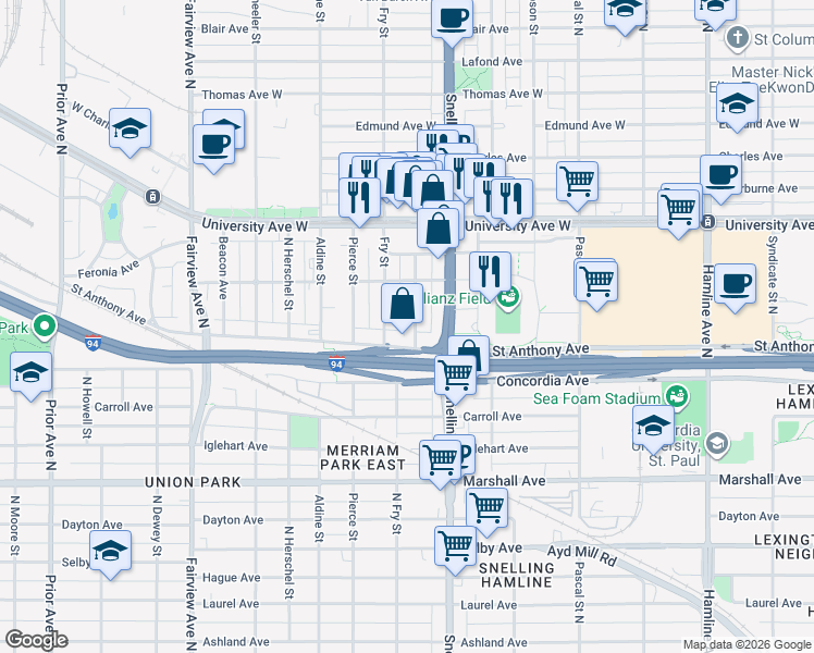 map of restaurants, bars, coffee shops, grocery stores, and more near 420 North Roy Street in Saint Paul