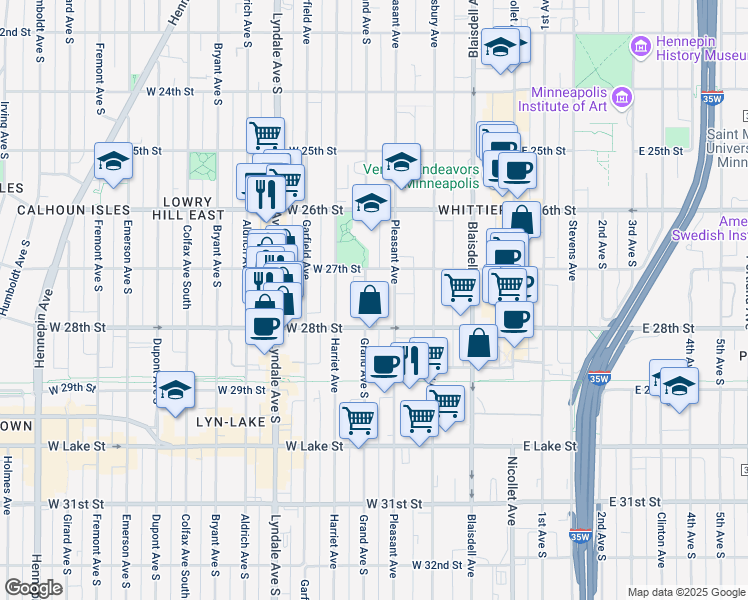 map of restaurants, bars, coffee shops, grocery stores, and more near 2704 Pleasant Avenue in Minneapolis