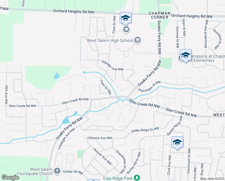 map of restaurants, bars, coffee shops, grocery stores, and more near 1360 Titan Drive Northwest in Salem