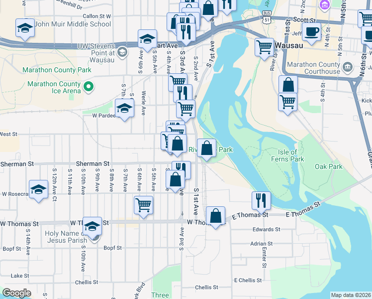 map of restaurants, bars, coffee shops, grocery stores, and more near 806 South 1st Avenue in Wausau