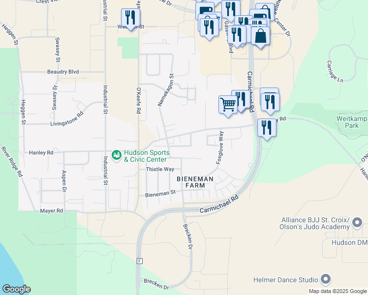 map of restaurants, bars, coffee shops, grocery stores, and more near 2226 Hanley Road in Hudson