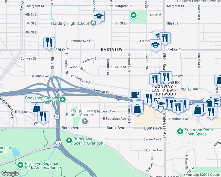 map of restaurants, bars, coffee shops, grocery stores, and more near 1601 Old Hudson Road in Saint Paul