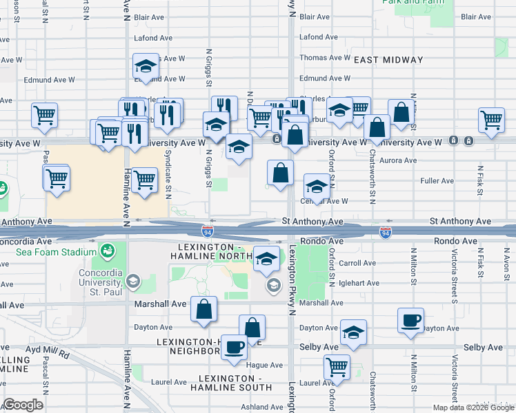 map of restaurants, bars, coffee shops, grocery stores, and more near 412 North Dunlap Street in Saint Paul