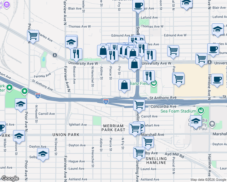 map of restaurants, bars, coffee shops, grocery stores, and more near 412 Pierce Street in Saint Paul