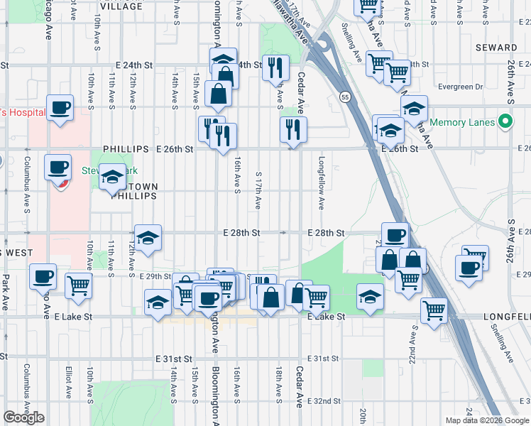 map of restaurants, bars, coffee shops, grocery stores, and more near 2704 18th Avenue South in Minneapolis