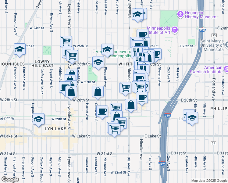 map of restaurants, bars, coffee shops, grocery stores, and more near 2700 Pillsbury Avenue in Minneapolis