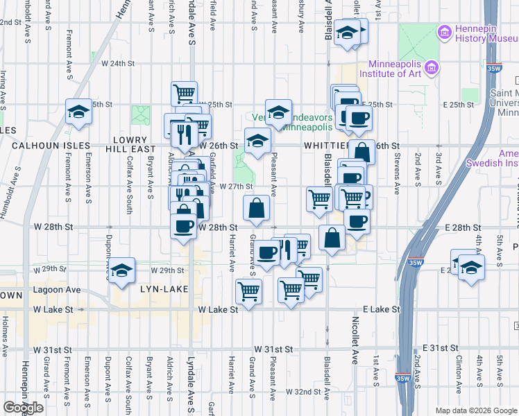 map of restaurants, bars, coffee shops, grocery stores, and more near 2704 Pleasant Avenue in Minneapolis