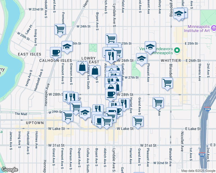 map of restaurants, bars, coffee shops, grocery stores, and more near 2700 Aldrich Avenue South in Minneapolis