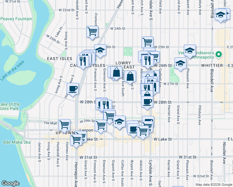 map of restaurants, bars, coffee shops, grocery stores, and more near 2705 Dupont Avenue South in Minneapolis