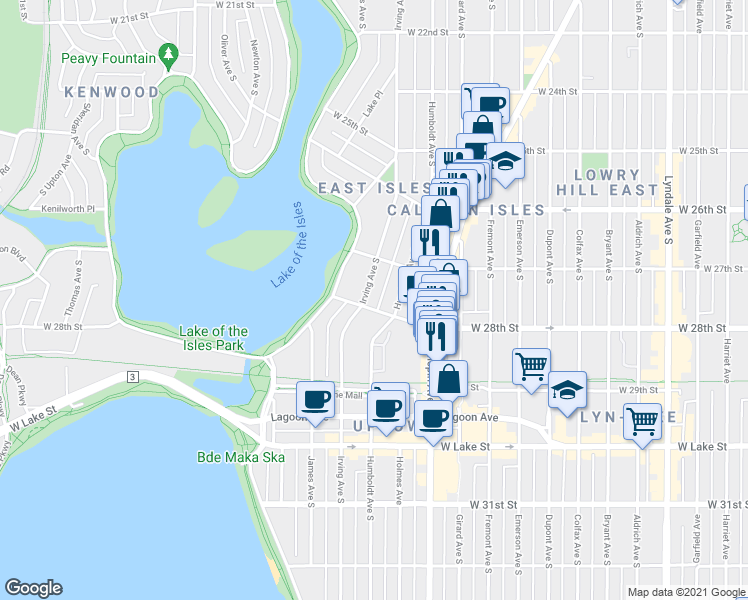 map of restaurants, bars, coffee shops, grocery stores, and more near 2709 Irving Avenue South in Minneapolis