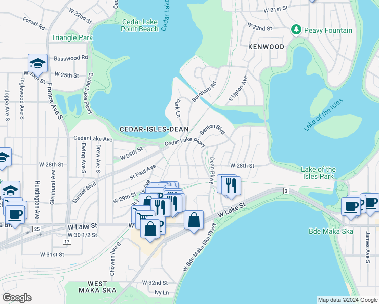 map of restaurants, bars, coffee shops, grocery stores, and more near 2825 Cedar Lake Avenue in Minneapolis