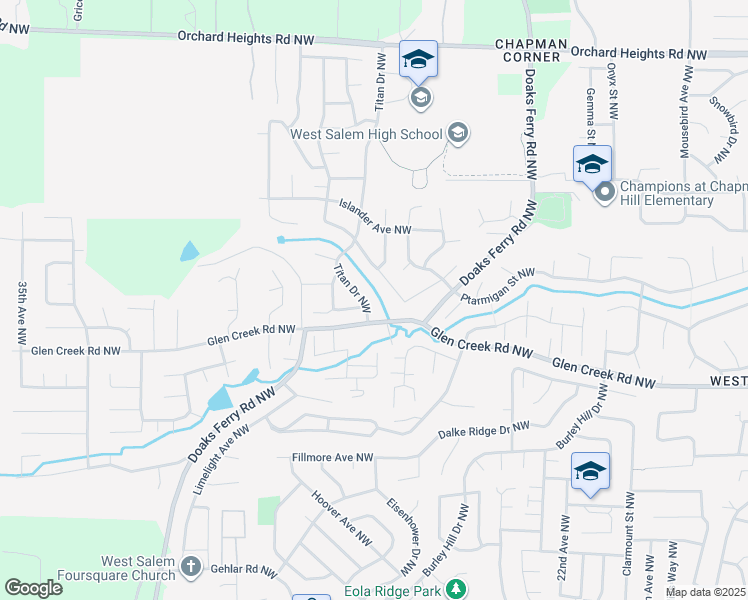 map of restaurants, bars, coffee shops, grocery stores, and more near 1360 Titan Drive Northwest in Salem