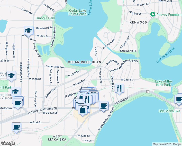 map of restaurants, bars, coffee shops, grocery stores, and more near 2601 Sunset Boulevard in Minneapolis