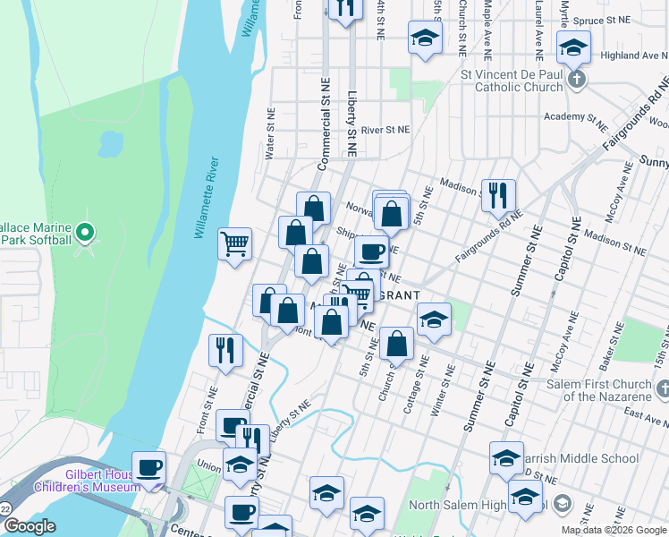 map of restaurants, bars, coffee shops, grocery stores, and more near 1406 Liberty Street Northeast in Salem