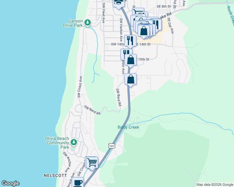 map of restaurants, bars, coffee shops, grocery stores, and more near 1001-2399 SW Bard Rd in Lincoln City