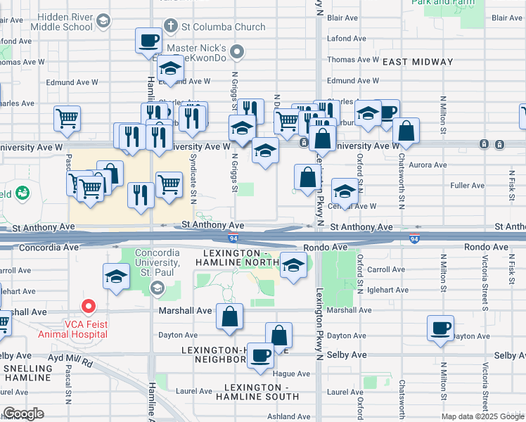 map of restaurants, bars, coffee shops, grocery stores, and more near 409 North Dunlap Street in Saint Paul