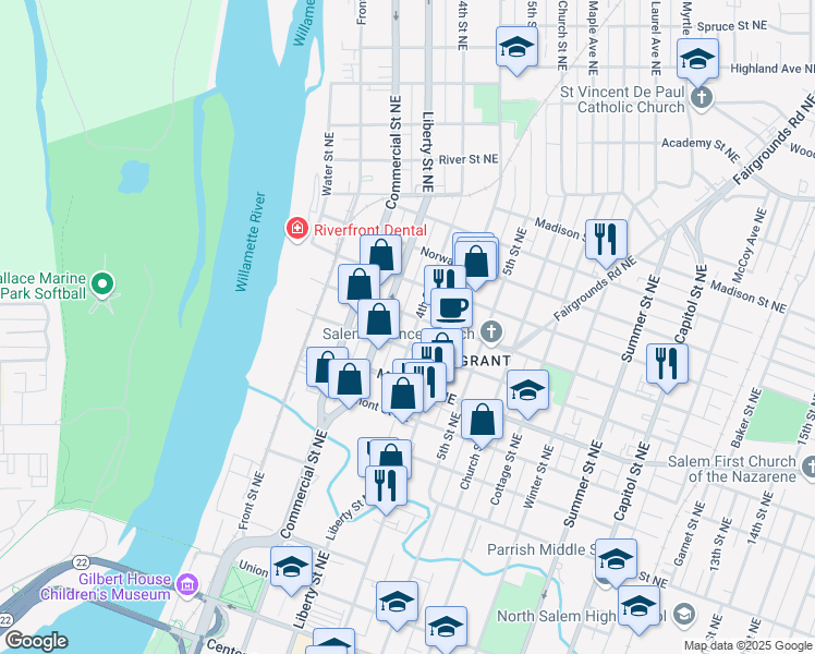 map of restaurants, bars, coffee shops, grocery stores, and more near 1406 Liberty Street Northeast in Salem