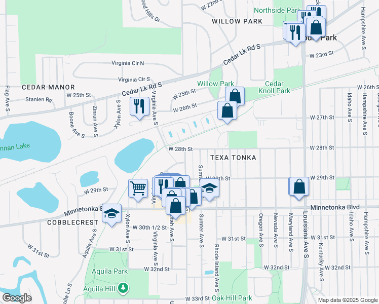 map of restaurants, bars, coffee shops, grocery stores, and more near 8010 Victoria Lane in Minneapolis