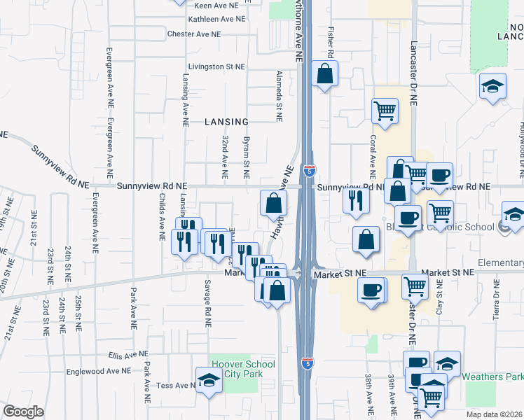 map of restaurants, bars, coffee shops, grocery stores, and more near 3394 Sunnyview Road Northeast in Salem