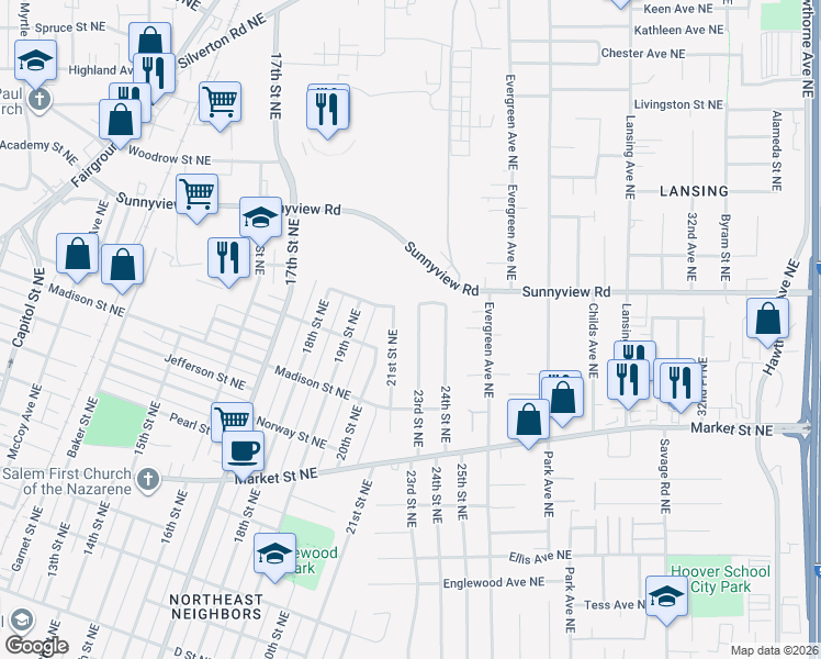 map of restaurants, bars, coffee shops, grocery stores, and more near 1975 23rd Street Northeast in Salem