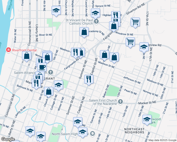 map of restaurants, bars, coffee shops, grocery stores, and more near 1690 Summer Street Northeast in Salem