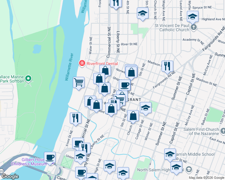 map of restaurants, bars, coffee shops, grocery stores, and more near 1406 Liberty Street Northeast in Salem