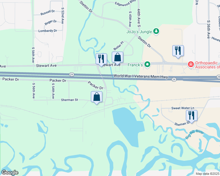 map of restaurants, bars, coffee shops, grocery stores, and more near Highway 29 Trunk in Wausau