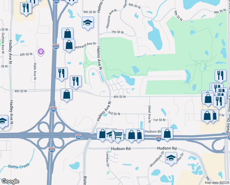 map of restaurants, bars, coffee shops, grocery stores, and more near 446 Hickory Lane North in Oakdale