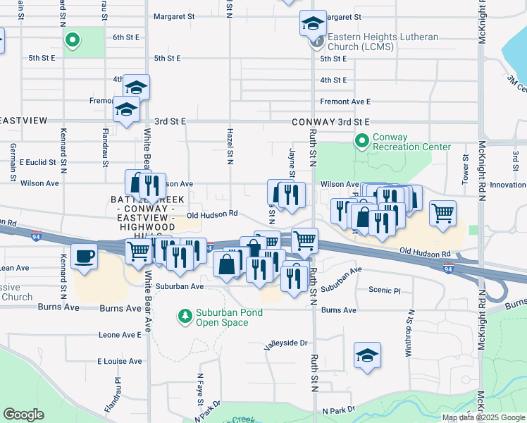 map of restaurants, bars, coffee shops, grocery stores, and more near 395 Luella Street North in Saint Paul