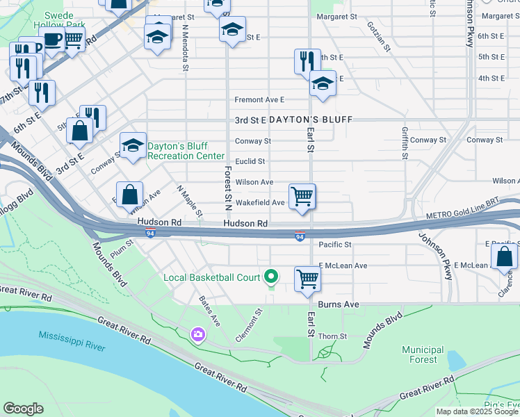 map of restaurants, bars, coffee shops, grocery stores, and more near 995 Wakefield Avenue in Saint Paul