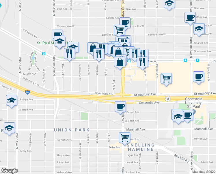 map of restaurants, bars, coffee shops, grocery stores, and more near 406 Fry Street in Saint Paul