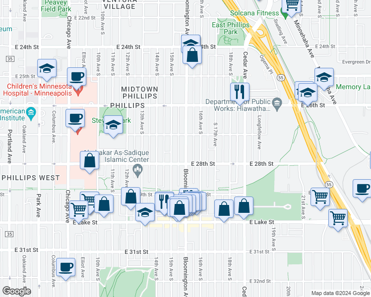 map of restaurants, bars, coffee shops, grocery stores, and more near 2705 Bloomington Avenue in Minneapolis