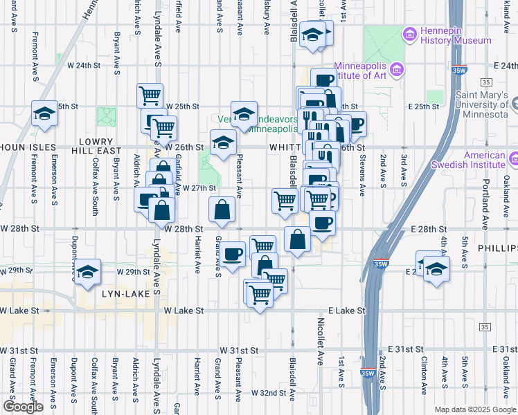 map of restaurants, bars, coffee shops, grocery stores, and more near 2700 Pillsbury Avenue in Minneapolis