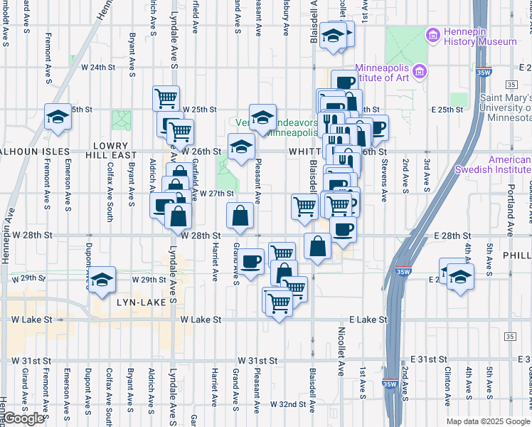 map of restaurants, bars, coffee shops, grocery stores, and more near 2700 Pillsbury Avenue in Minneapolis