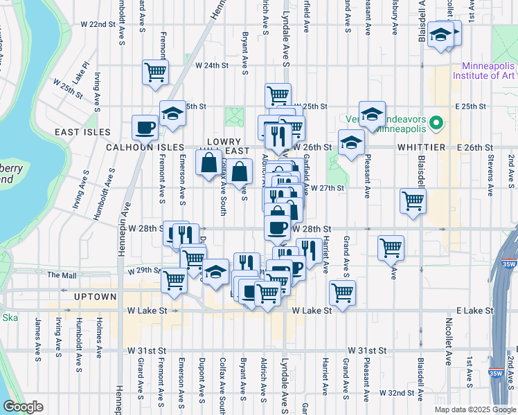map of restaurants, bars, coffee shops, grocery stores, and more near 2700 Aldrich Avenue South in Minneapolis